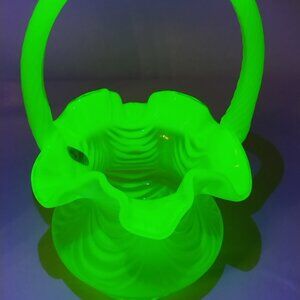 Fenton Art Glass Vaseline Uranium Topaz Opalescent Drapery Optic Basket Signed
